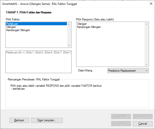 Kotak Dialog Anova – RAL Faktor Tunggal 