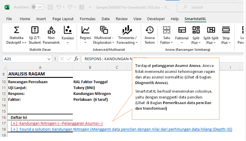 Informasi model rancangan percobaan dan uji lanjut yang digunakan serta output tabel analisis ragam
