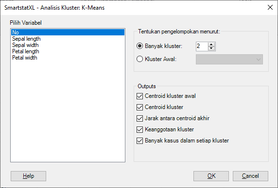 K-Means Cluster Analysis Dialog Box